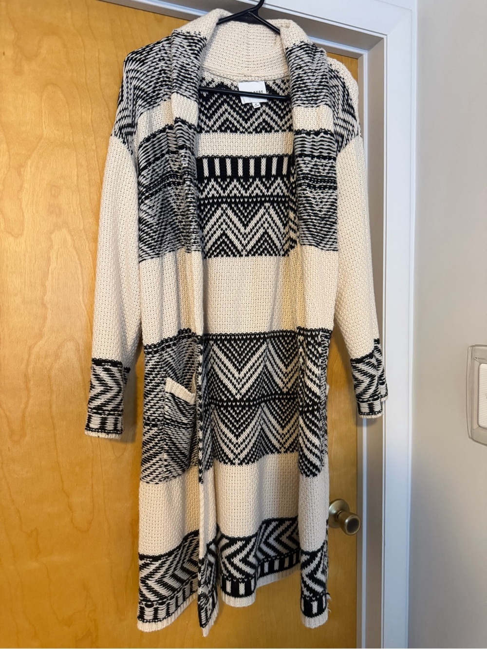 Pink Rose Cream and Black Geometric Open-Front Cardigan